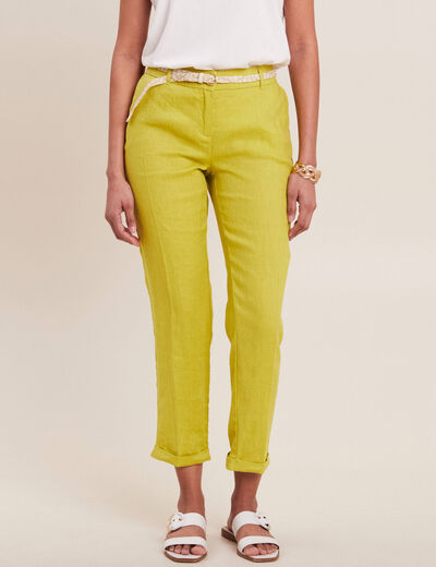 Pantalon coupe chino en lin ceintur&eacute; vert anis femme