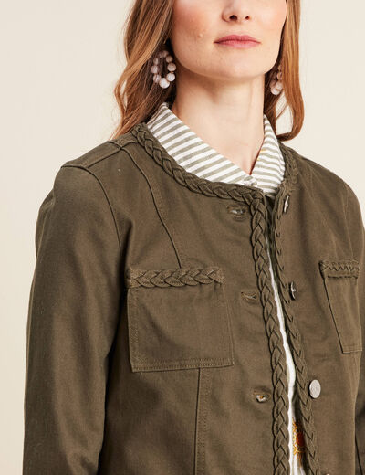 Veste en jean détails tressés vert olive femme
