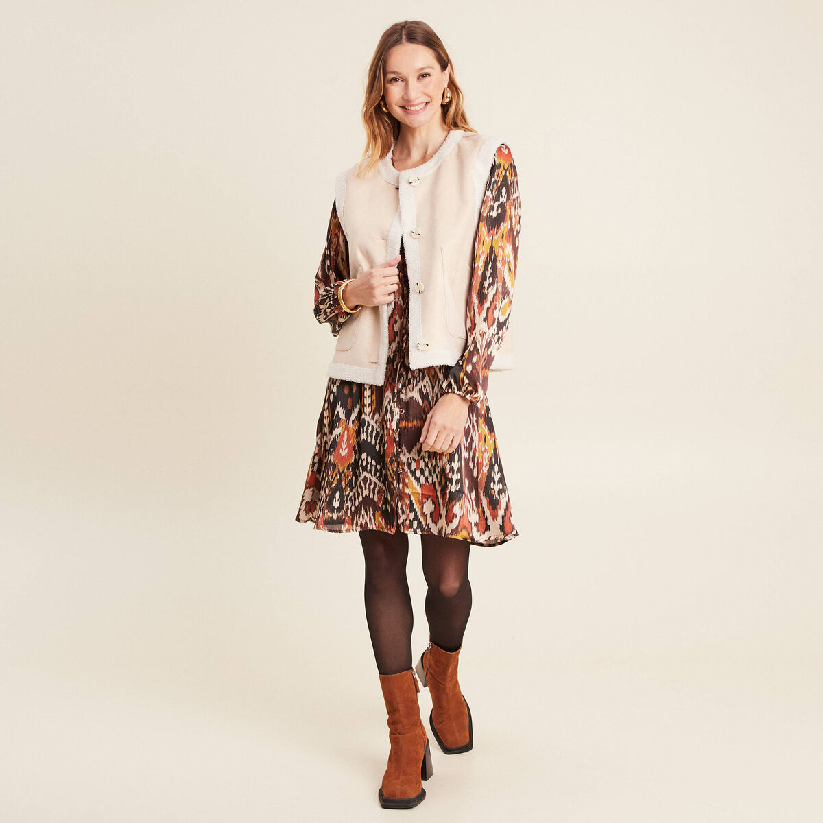 Gilet r&eacute;versible laine mouton beige femme