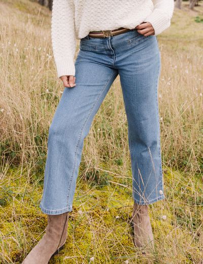 Jean large ceinturé denim double stone femme