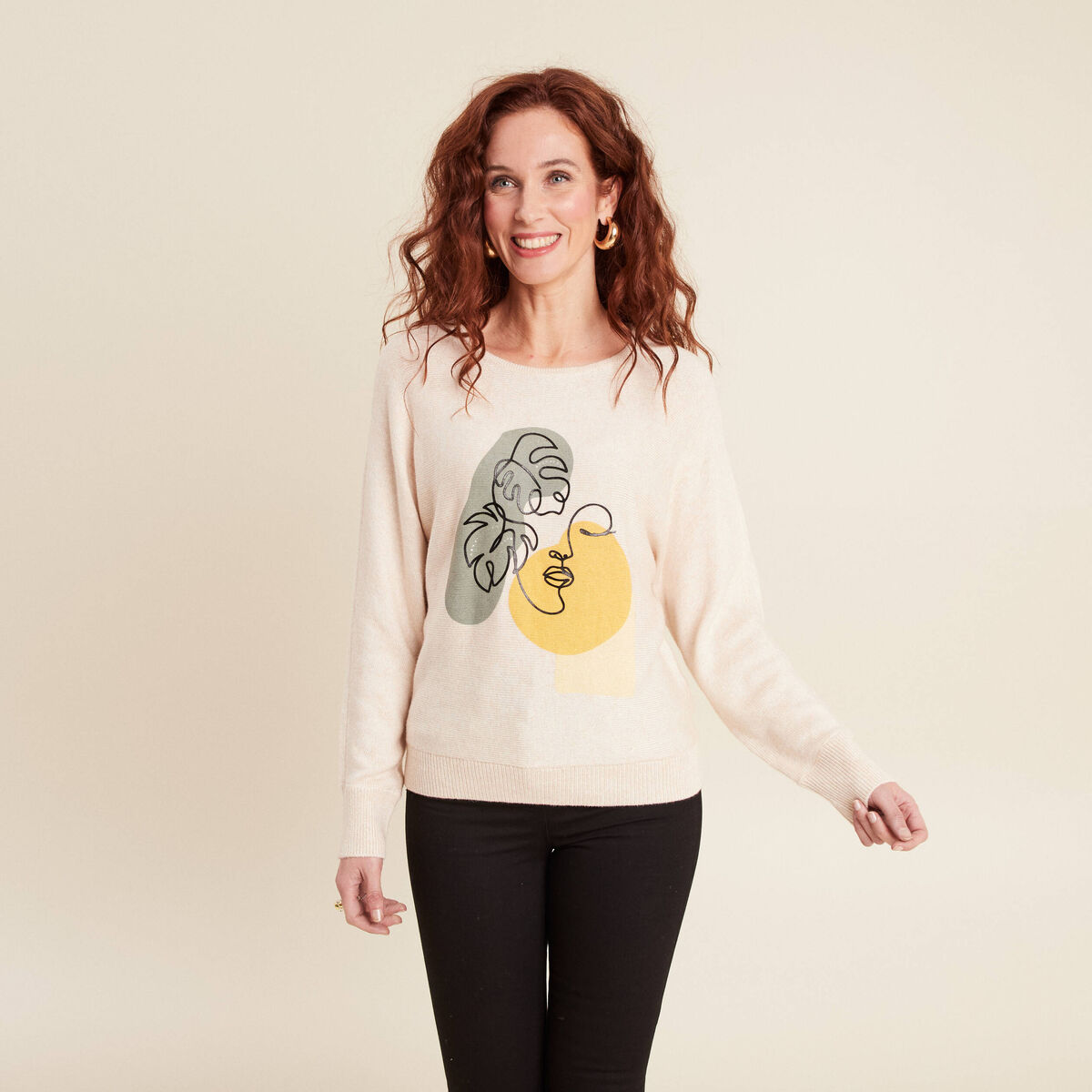 Pull manches longues creme femme