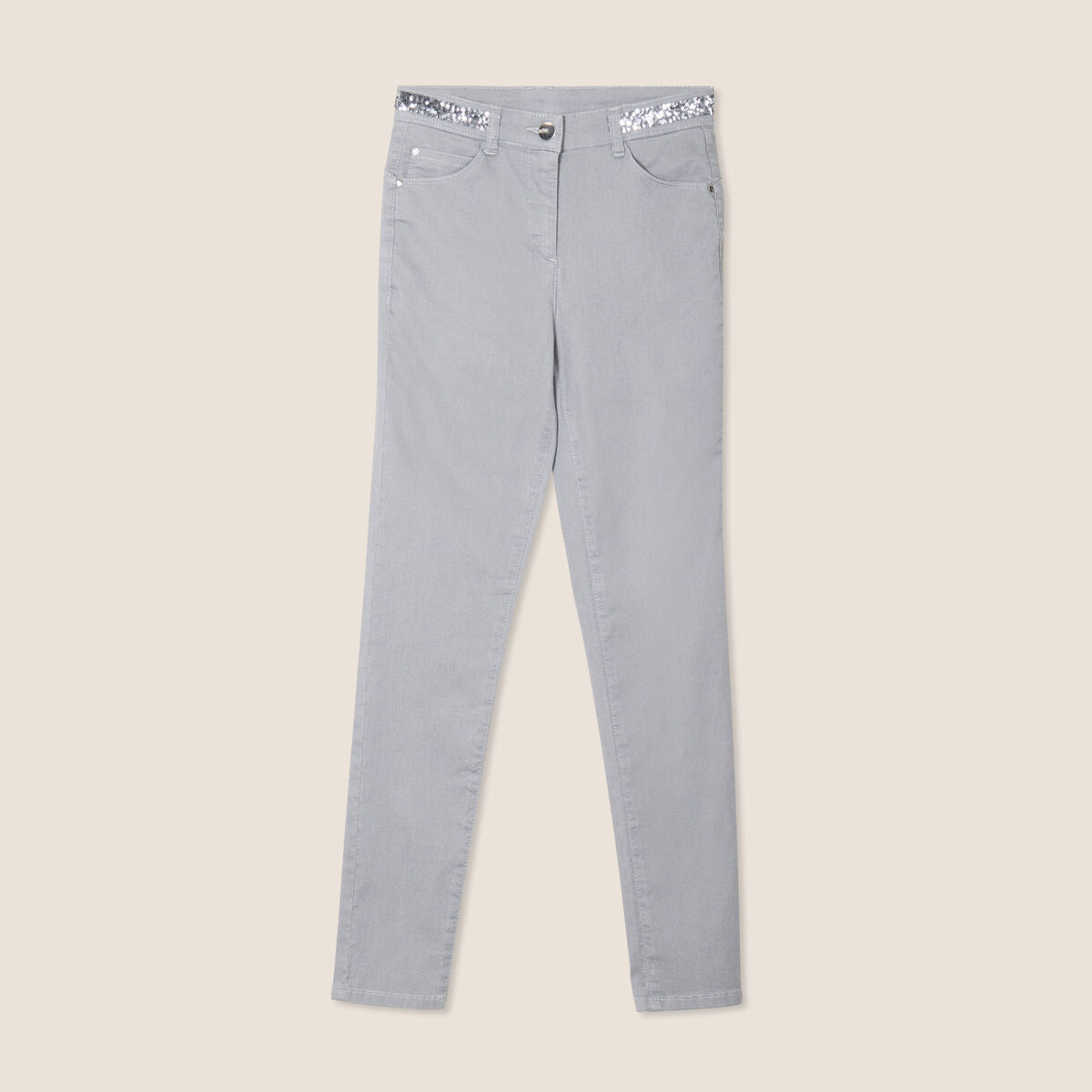 Pantalon ajusté sequins denim gris clair femme