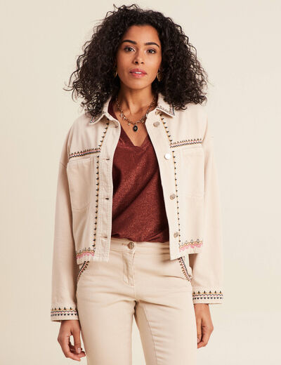 Veste en jean brodée denim beige femme