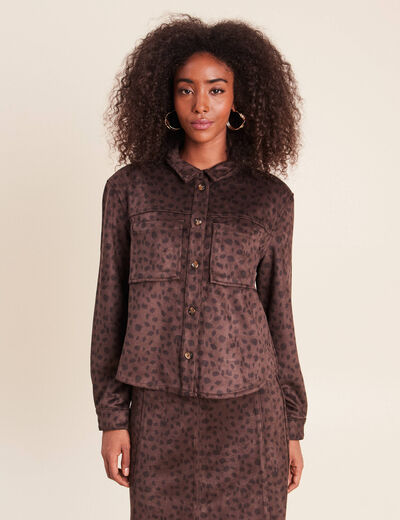 Chemise droite manches longues marron fonc&eacute; femme