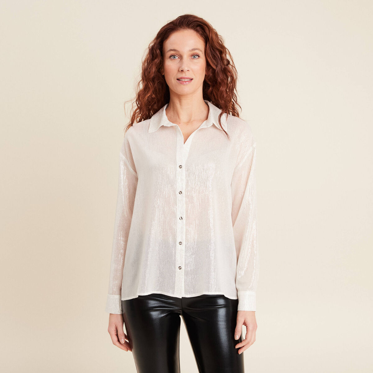 Chemise manches longues iris&eacute;e blanc femme