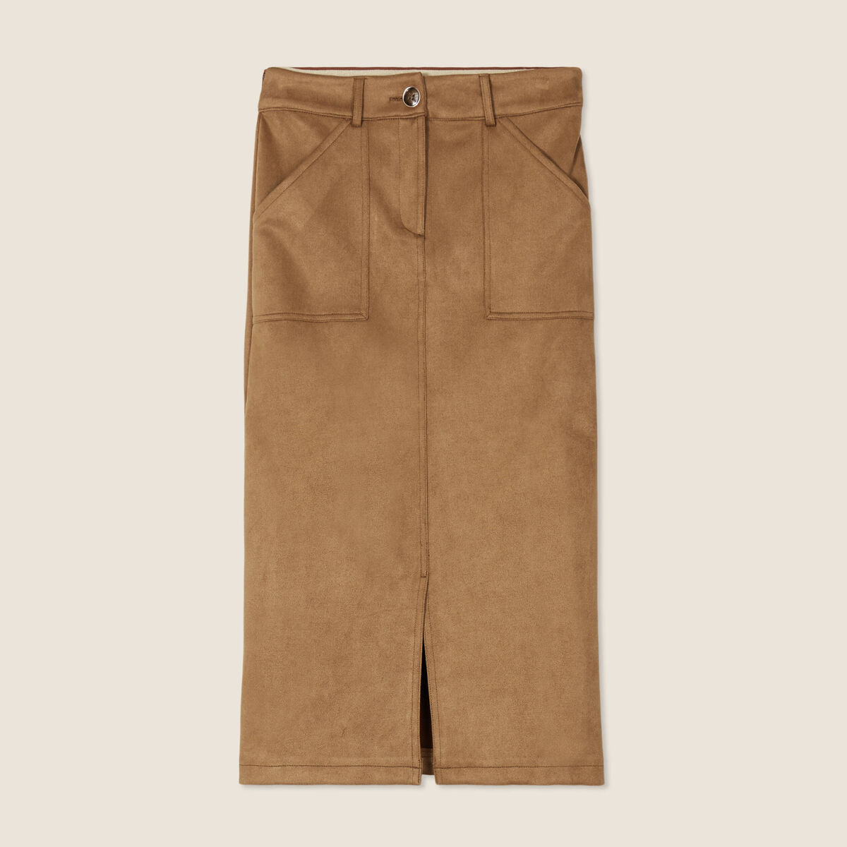 Jupe longue droite su&eacute;dine marron femme