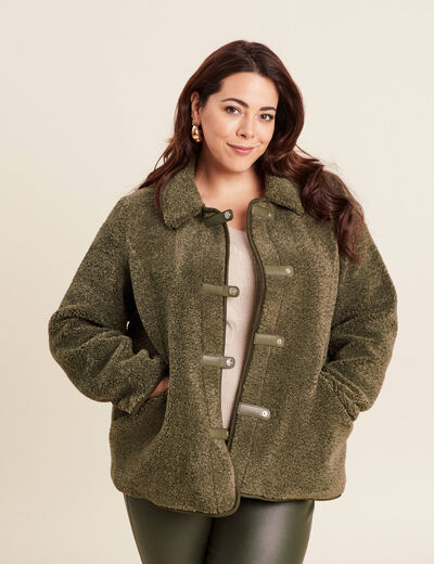 Manteau droit laine mouton vert kaki femme