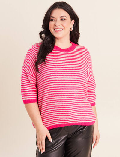 Pull droit col rond manches 3/4 rose femme