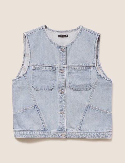 Veste cintr&eacute;e sans manches en jean denim double stone femme