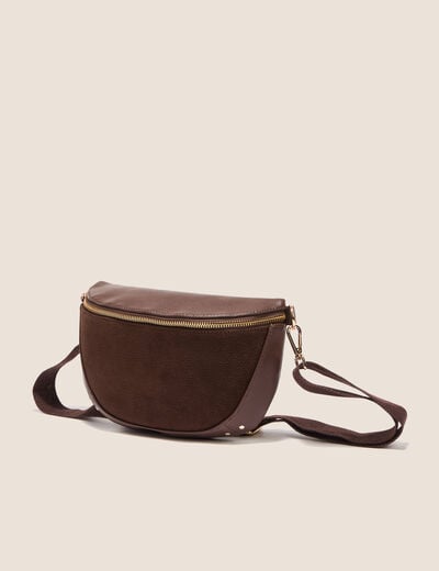 Sac banane bi-mati&egrave;re bandouli&egrave;re marron fonc&eacute; femme