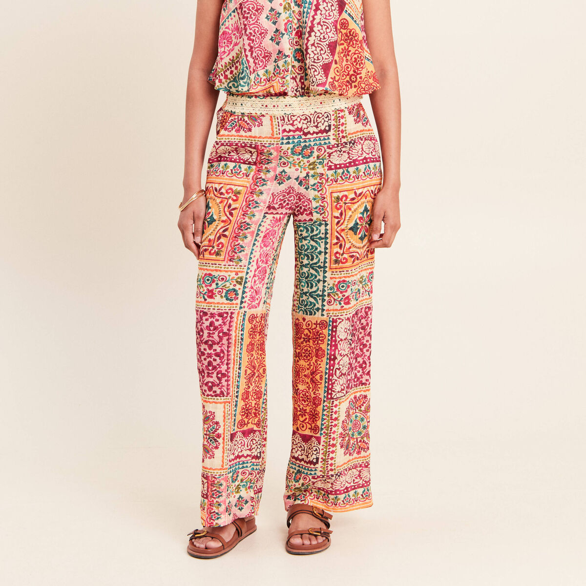 Pantalon large taille haute rose femme