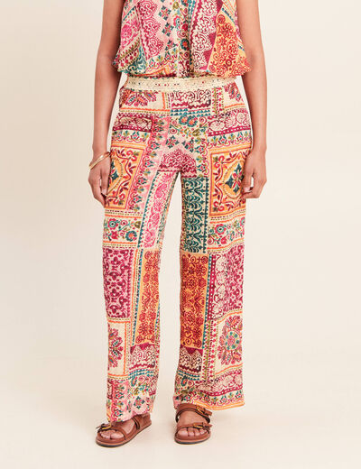 Pantalon large taille haute rose femme