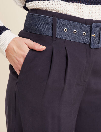 Pantalon large ceinturé bleu foncé femme