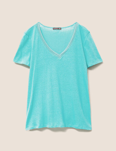 T-shirt manches courtes col en V bleu turquoise femme