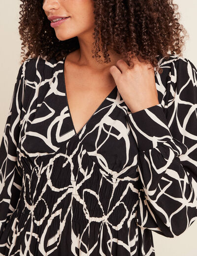 Robe courte &eacute;vas&eacute;e col v manches longues noir femme