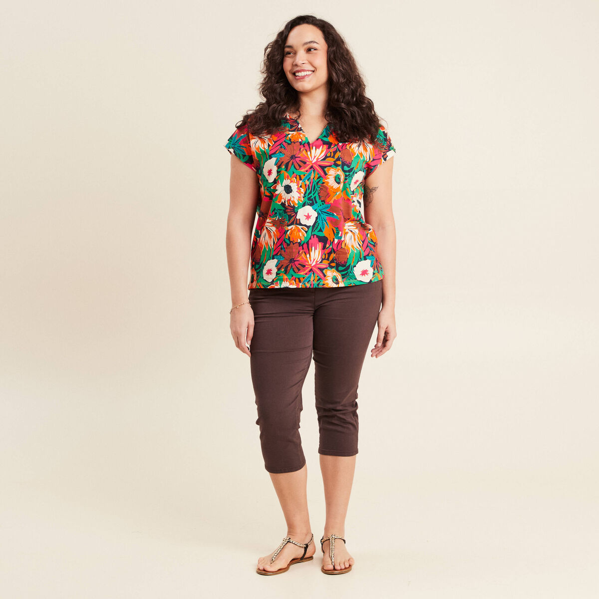 Pantacourt droit taille standard marron femme