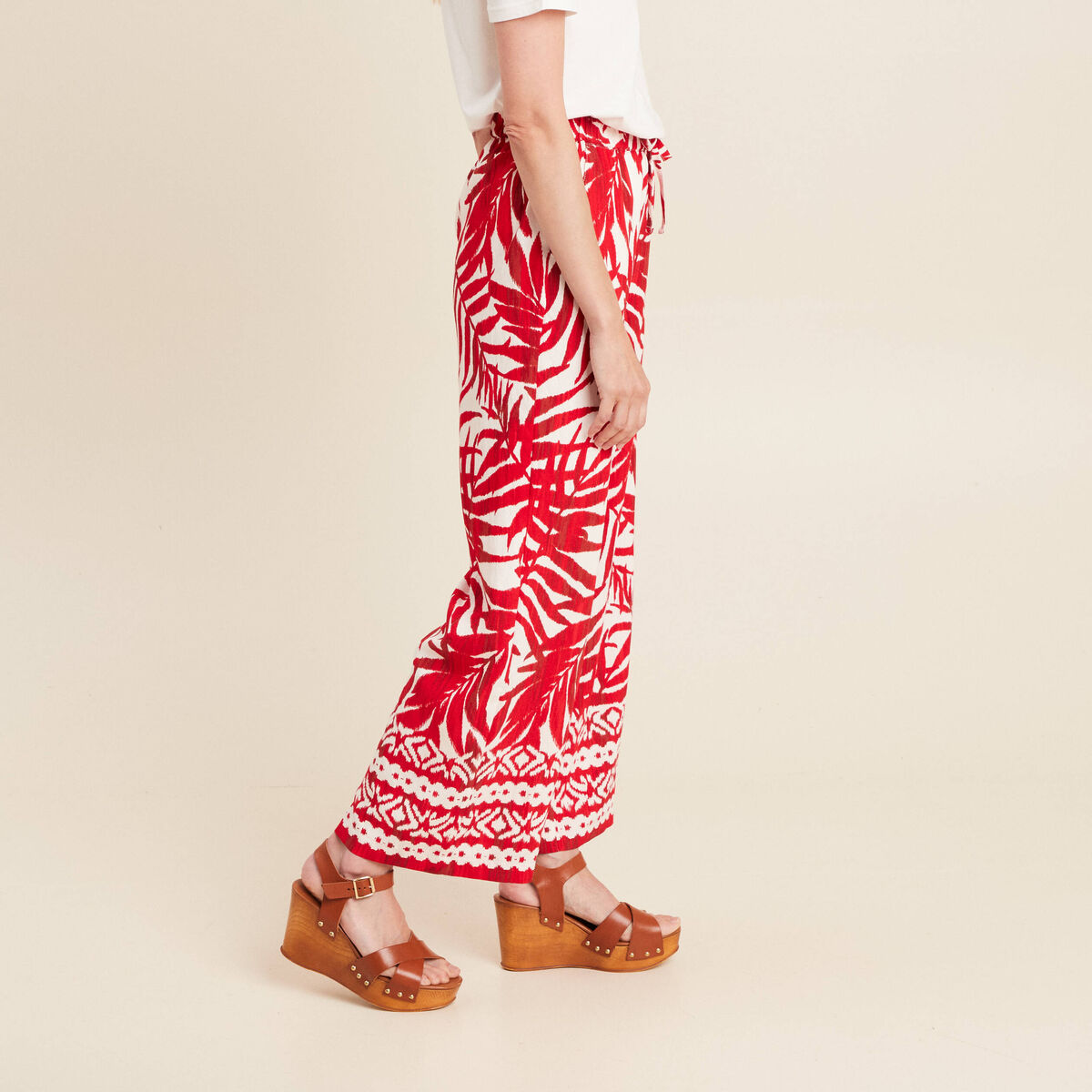 Pantalon large taille haute ecru femme