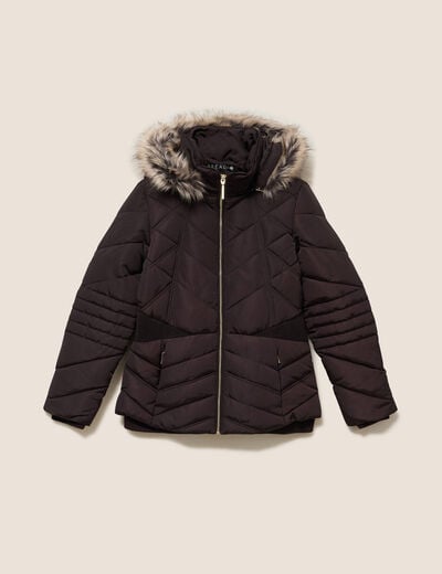 Doudoune cintr&eacute;e capuche manches longues marron fonc&eacute; femme