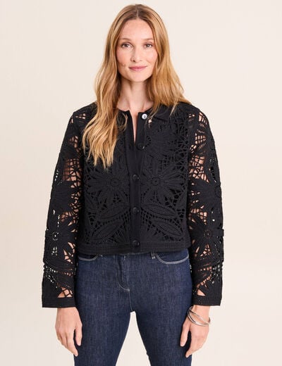 Gilet droit court col chemise dentelle noir femme