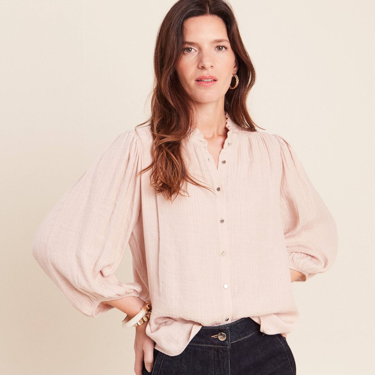 Chemise col montant manches 3/4 ivoire femme