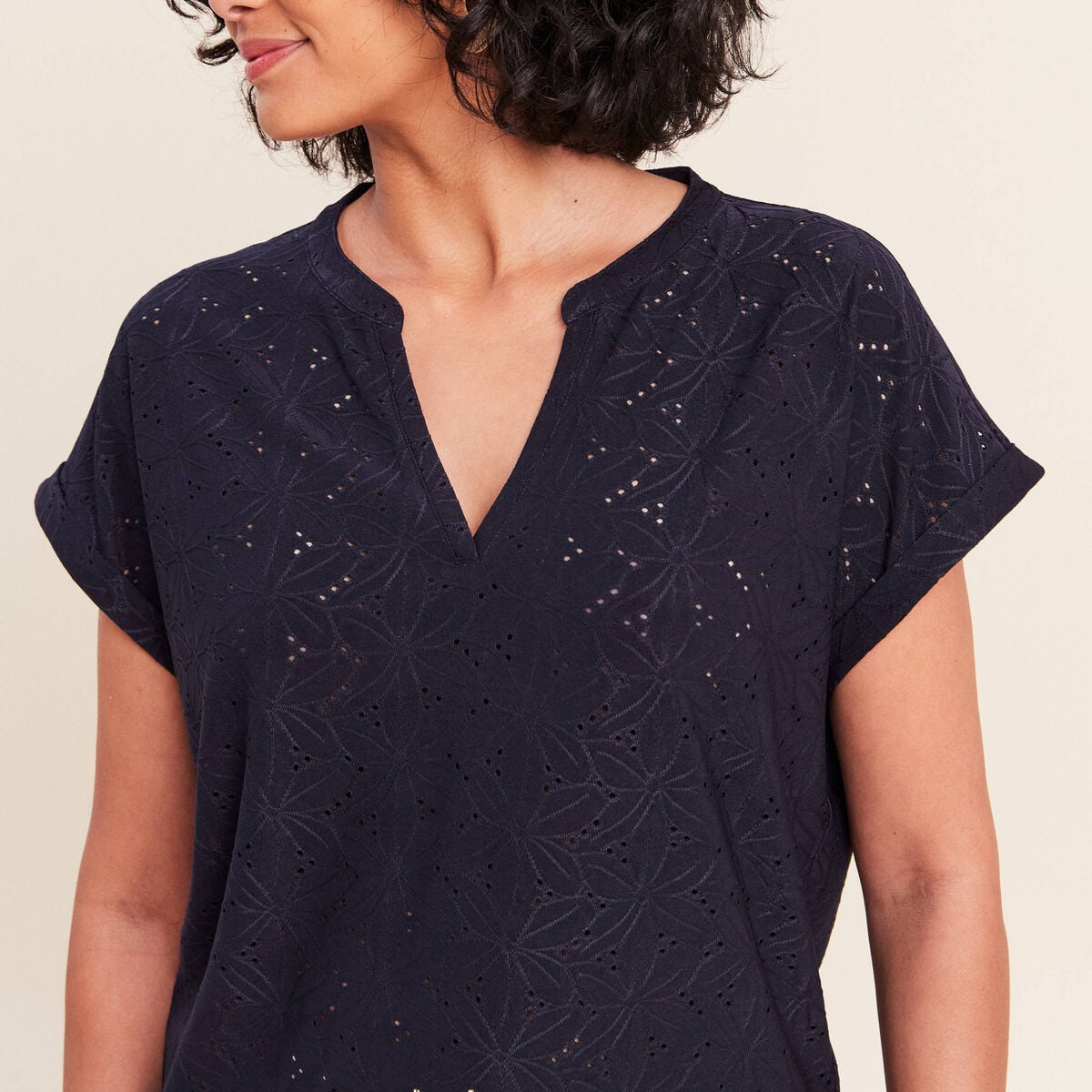 T-shirt droit manches courtes bleu marine femme