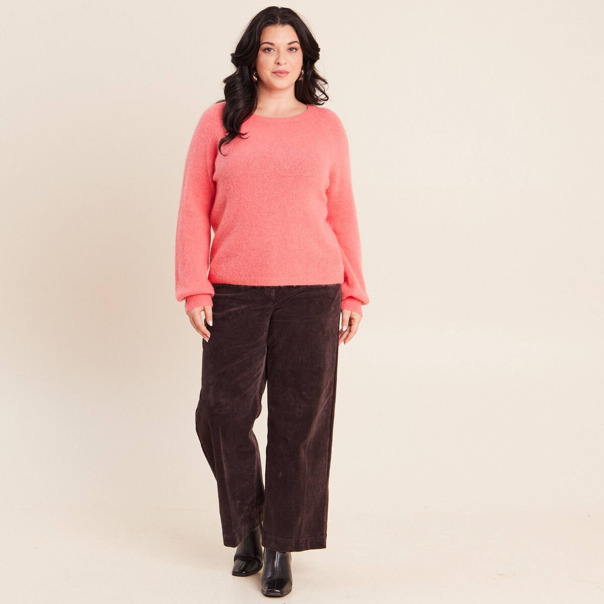 Pull col rond manches longues rose framboise femme