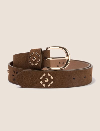 Ceinture fine aspect daim marron fonc&eacute; femme