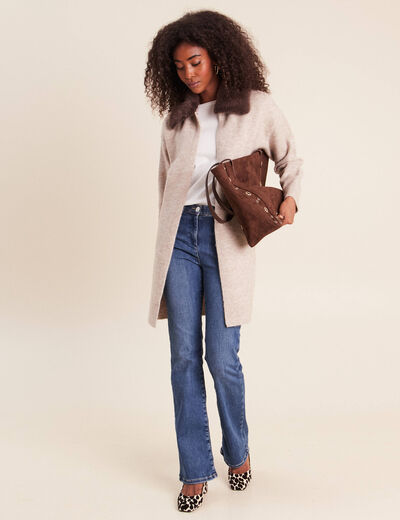 Gilet droit long col chemise beige femme