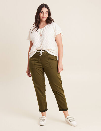 Pantalon coupe droite à coulisse vert olive femme