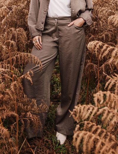 Pantalon large taille haute taupe femme