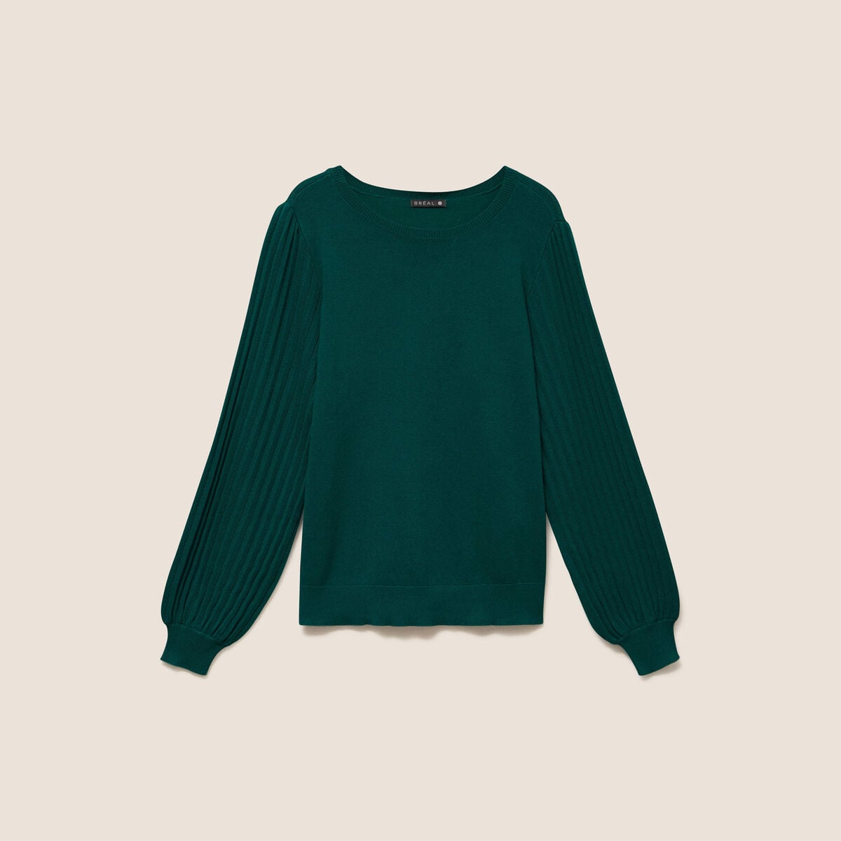 Pull cintr&eacute; col rond manches longues vert fonc&eacute; femme