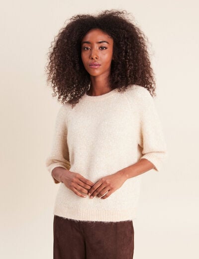 Pull col rond &agrave; sequins beige femme