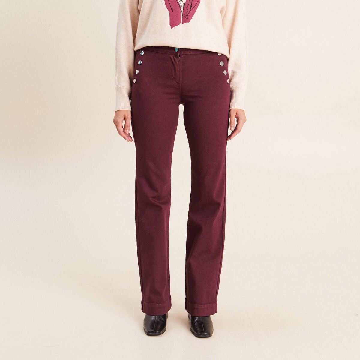 Pantalon coupe bootcut &agrave; pont prune femme