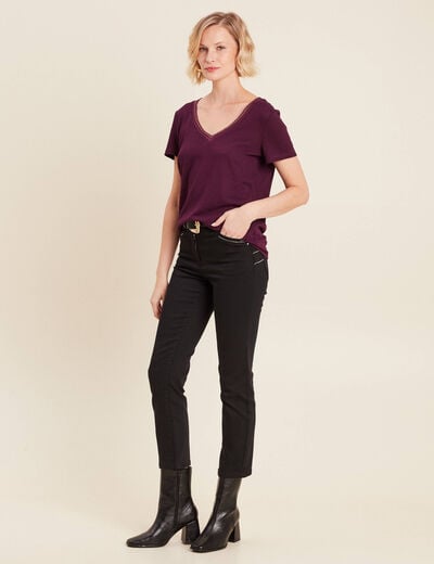 T-shirt manches courtes col en V violet foncé femme