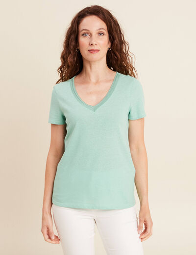 T-shirt manches courtes col en V vert clair femme
