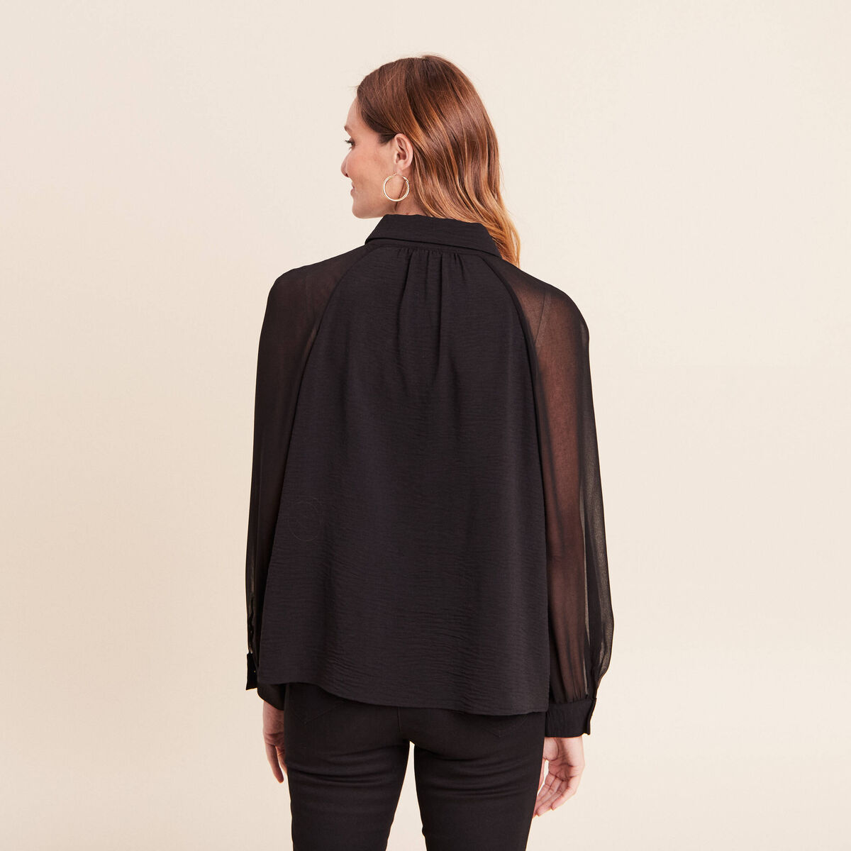 Chemise ample voile doubl&eacute;e col chemise noir femme
