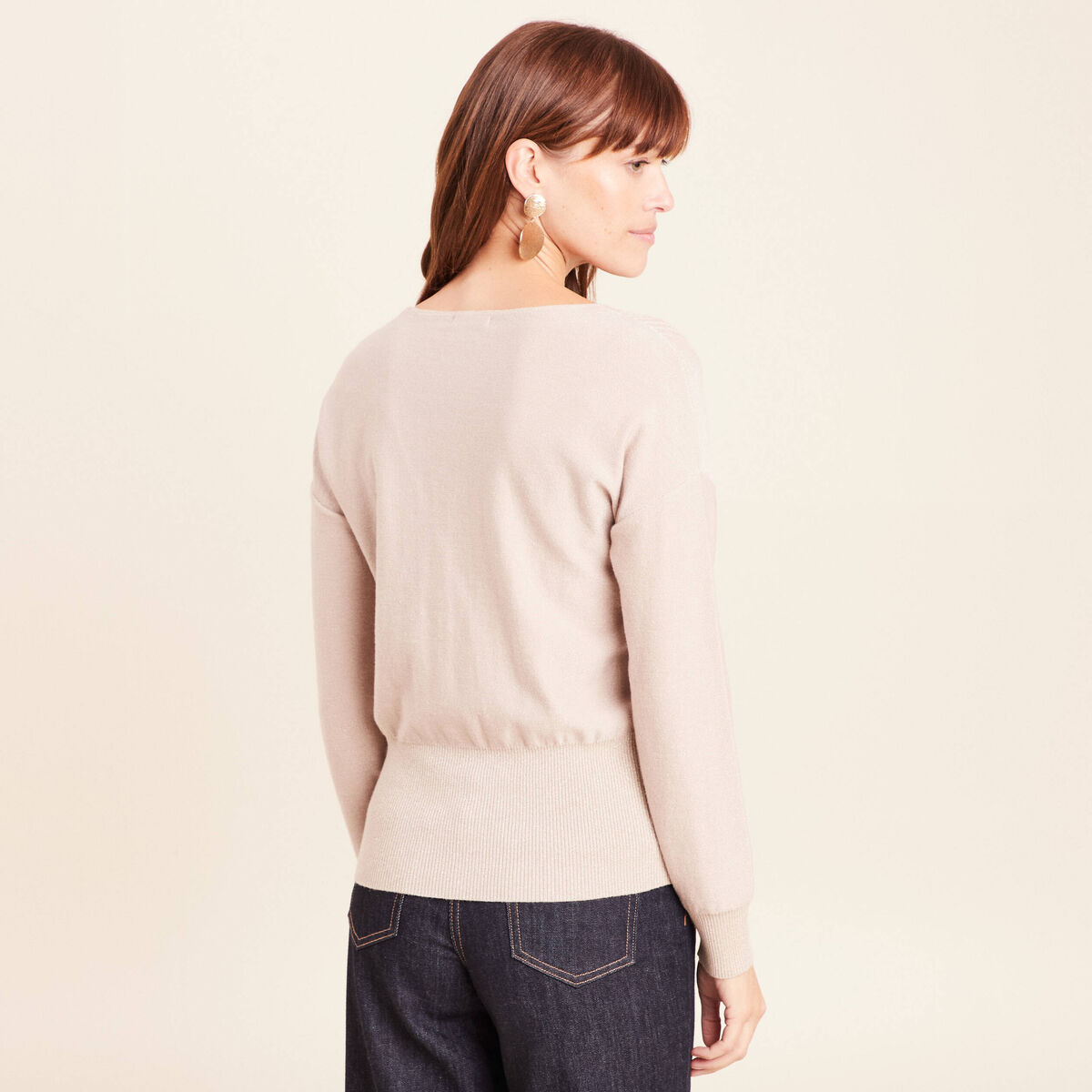 Pull col v manches longues brillant couleur or femme