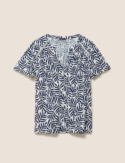 Blouse col v manches courtes fluide bleu femme