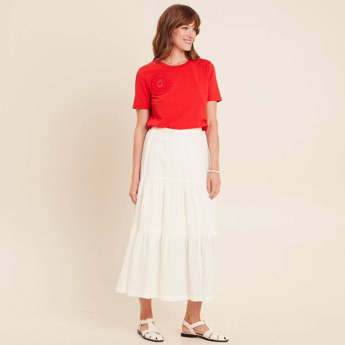 Jupe longue évasée ecru femme