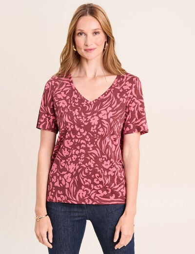 T-shirt col V manches courtes rose femme