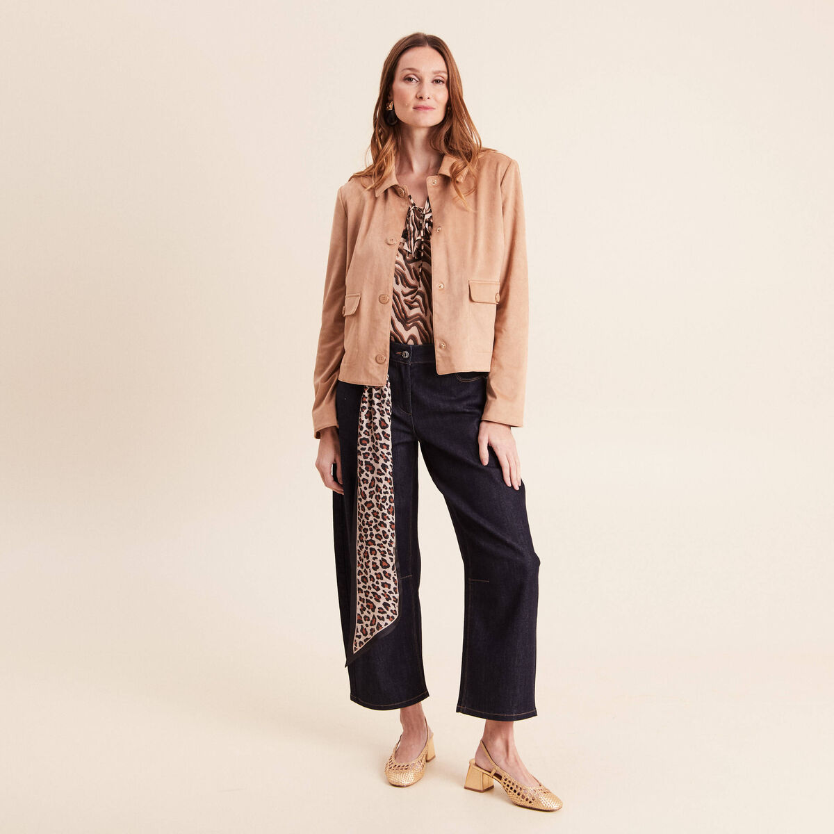 Veste courte droite aspect daim marron clair femme