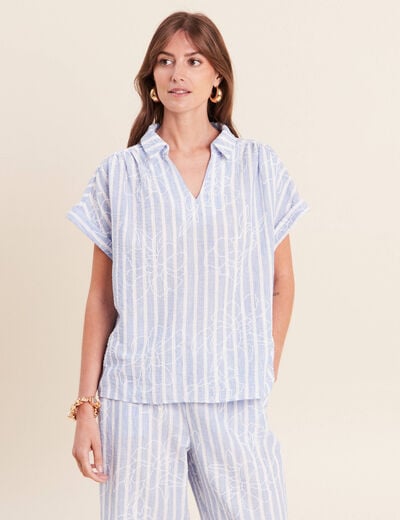 Blouse ample col chemise manches courtes bleu femme