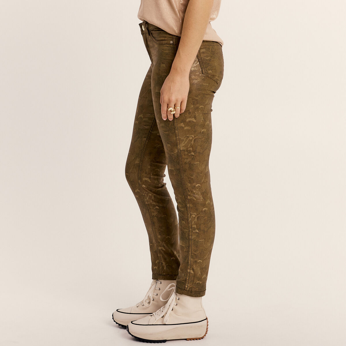 Pantalon enduit r&eacute;versible couleur bronze femme