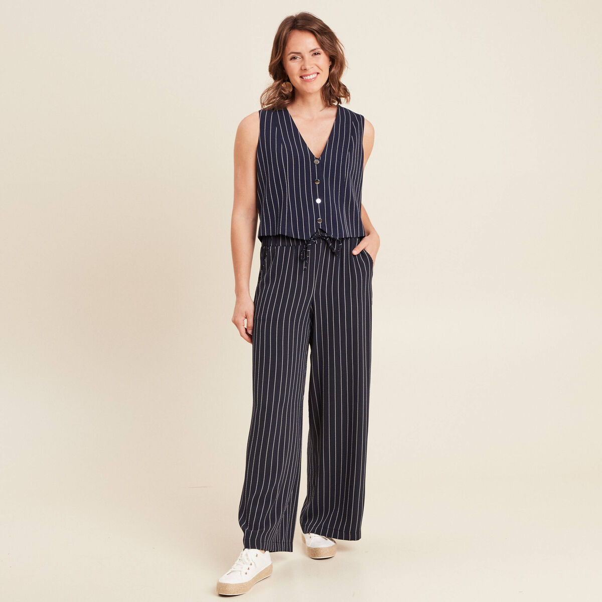 Pantalon large taille haute bleu foncé femme