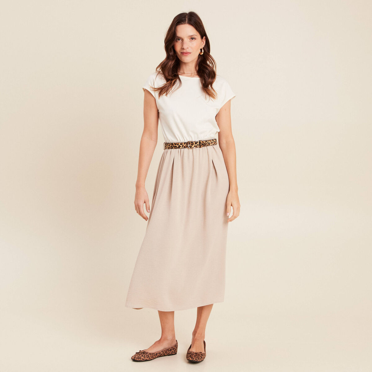Robe longue évasée bi-matière ecru femme