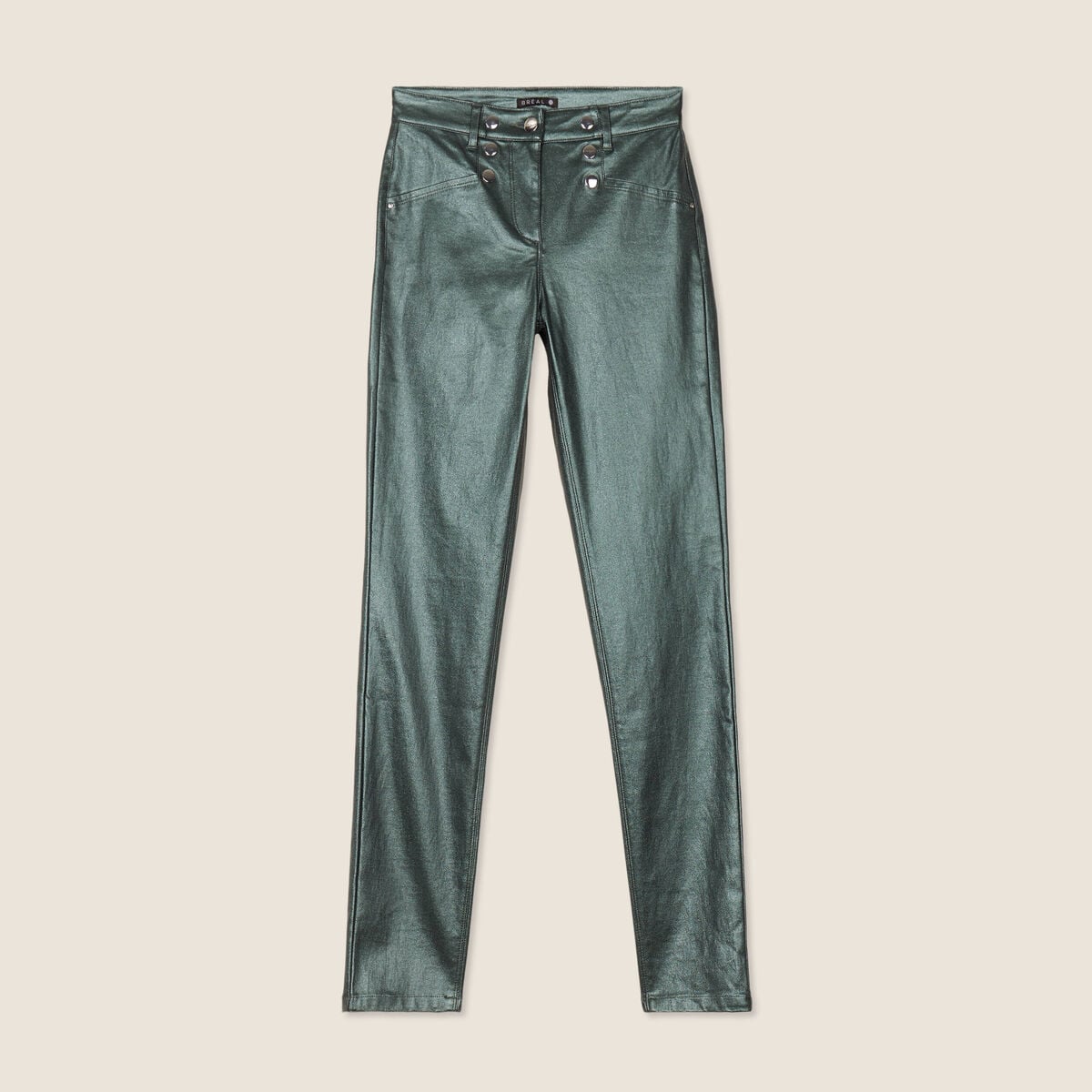 Pantalon ajust&eacute; enduit &agrave; pont vert fonc&eacute; femme