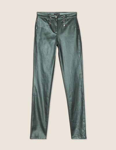 Pantalon ajusté enduit à pont vert foncé femme