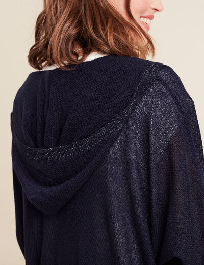 gilet droit mi-long à capuche bleu marine femme