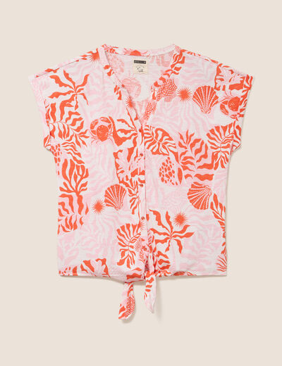 T-shirt col tunisien manches courtes rose femme