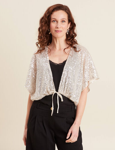 Veste kimono courte sequins couleur or femme
